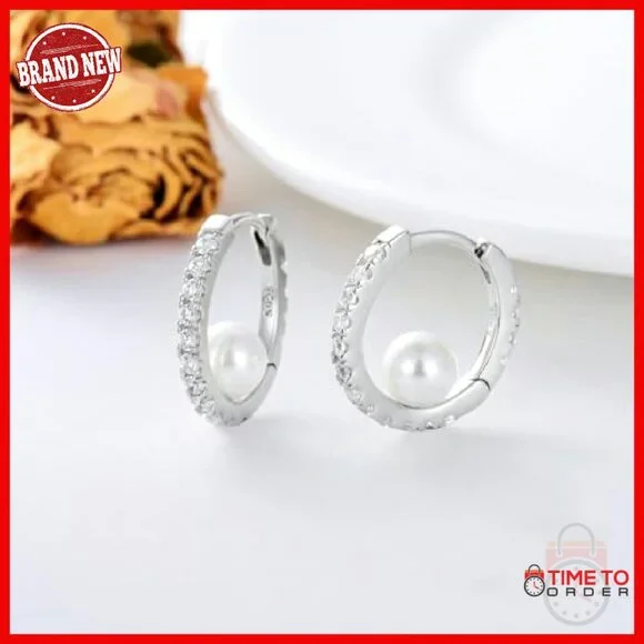 Sterling Silver Hoop Earrings with Pearl and Moissanite Halo Setting